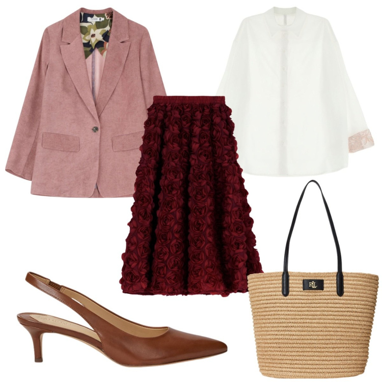 Outfit donna - Floreale vintage in primavera; la gonna. Stile Vintage retrò per Tutti i giorni. Abbinamento con blazer, camicie, gonne, décolleté, borse tote.
