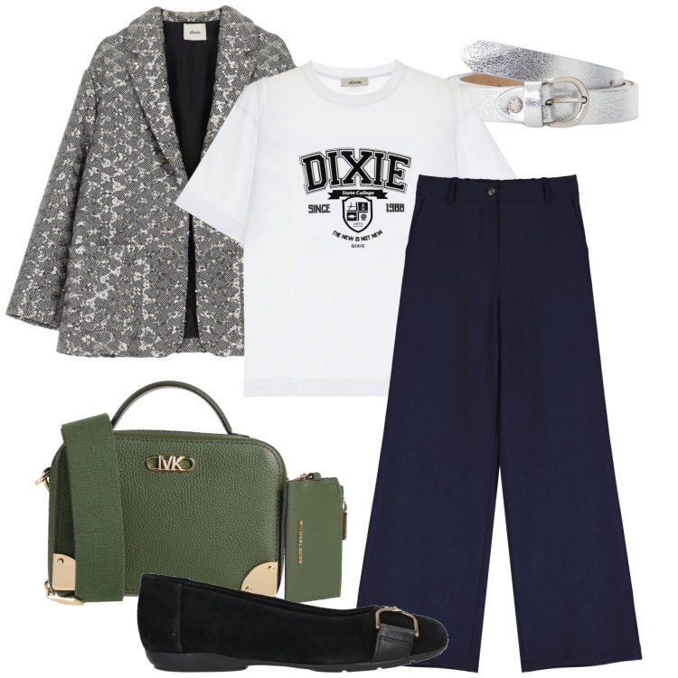 Outfit donna - Dettagli argento. Stile Urban per Ufficio. Abbinamento con borse a tracolla, ballerine, pantaloni a palazzo, blazer, t-shirt, cinture.