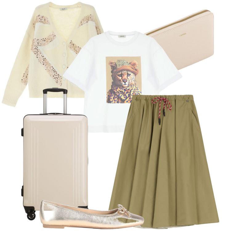 Outfit donna - Le ballerine dorate. Stile Trendy per Tutti i giorni. Abbinamento con ballerine, gonne longuette, cardigans, t-shirt, valigie, portafogli.