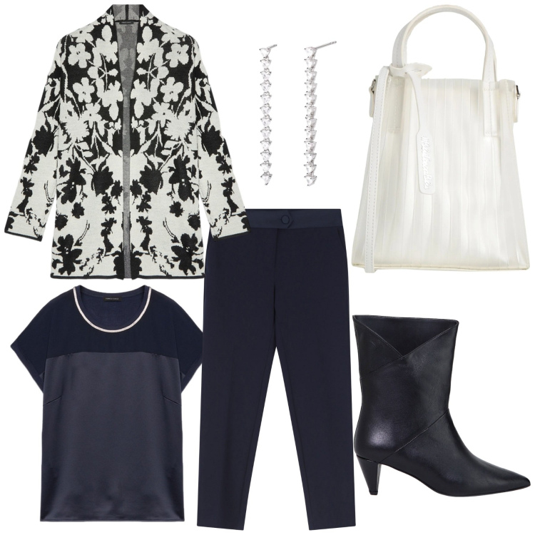 Outfit donna - Da mattina a sera. Stile Casual chic per Ufficio. Abbinamento con borse a mano, orecchini, pantaloni, stivaletti, top, cardigans.