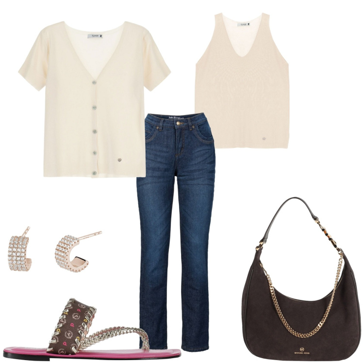 Outfit donna - Basta poco in estate. Stile Casual per Tutti i giorni. Abbinamento con jeans dritti, borse a spalla, ciabatte, orecchini, top, cardigans.
