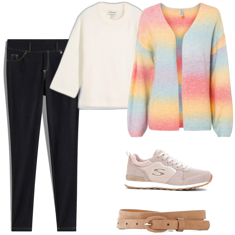 Outfit donna - Colori. Stile Basic per Tutti i giorni. Abbinamento con cardigans, jeggings, sneakers, cinture, t-shirt.
