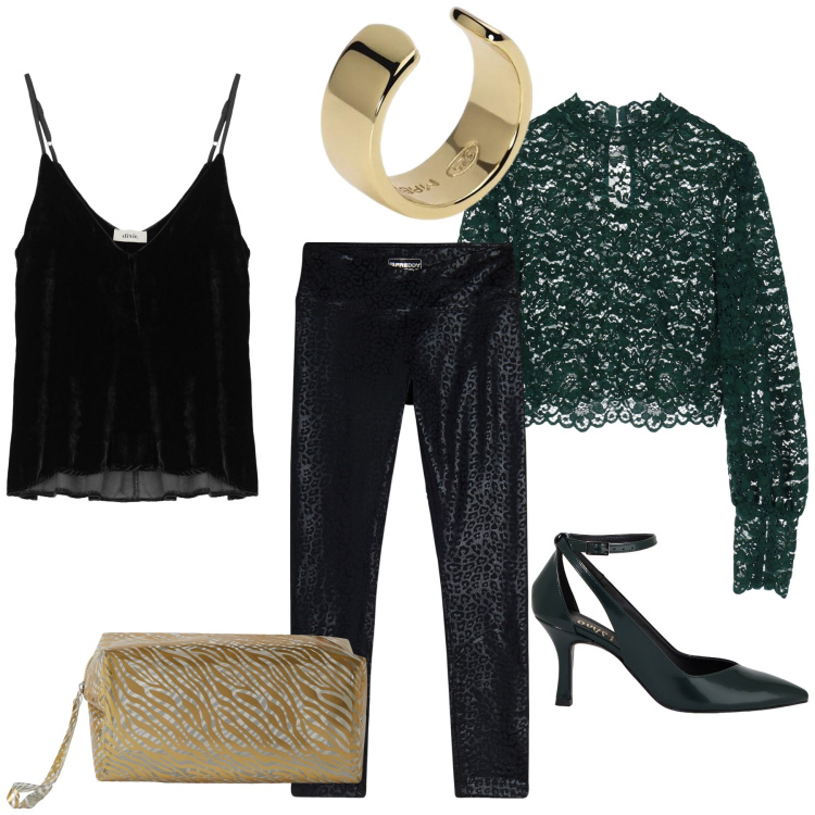 Outfit donna - Oro nero. Stile Glamour per Tutti i giorni. Abbinamento con orecchini, pochette, camicie, décolleté, canottiere, pantaloni.