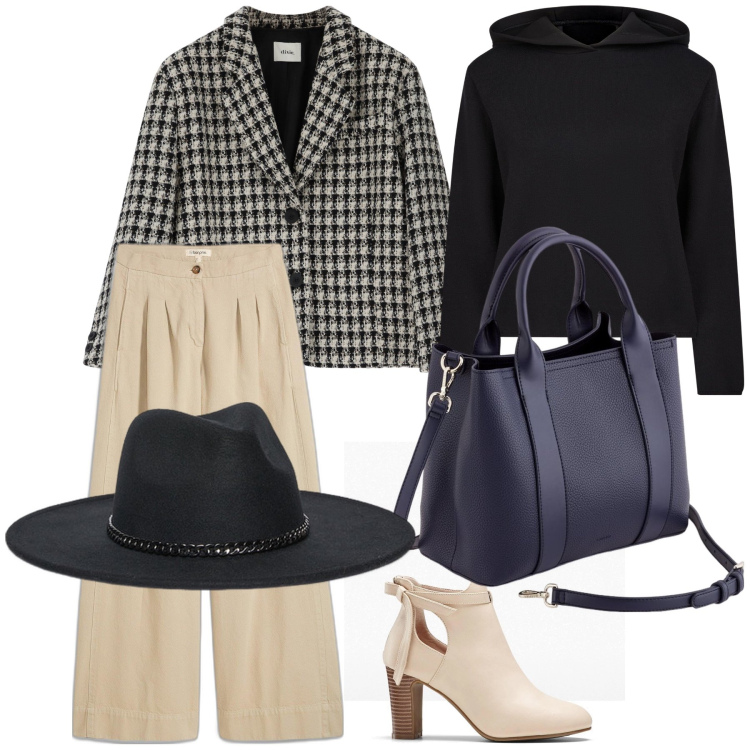 Outfit donna - Total look. Stile Urban per Ufficio. Abbinamento con stivaletti, pantaloni, blazer, maglieria, cappelli, borse a mano.
