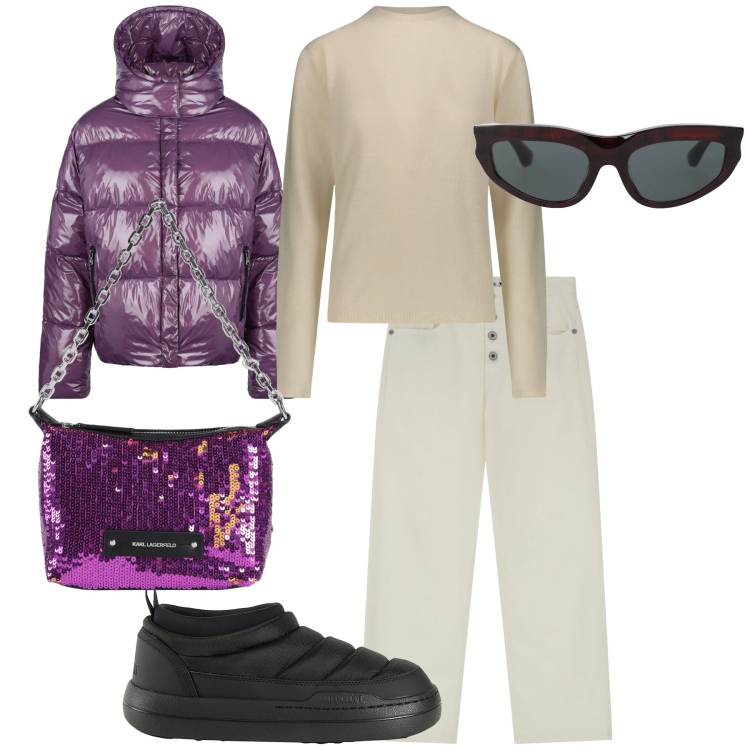 Outfit donna - Paillettes giornaliere. Stile Trendy per Tutti i giorni. Abbinamento con borse a mano, occhiali da sole, stivaletti, pantaloni, blazer, maglieria.