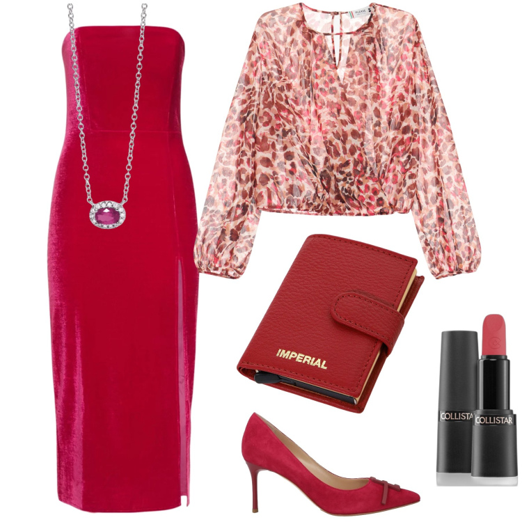 Outfit donna - Red. Stile Glamour per Serata fuori. Abbinamento con décolleté, rossetti, collane, bluse, portafogli, vestiti midi/longuette.