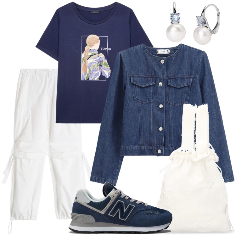 Outfit donna - Respirando la primavera. Stile Casual per Tutti i giorni. Abbinamento con orecchini, sneakers, pantaloni cargo, blazer, t-shirt, borse a mano.