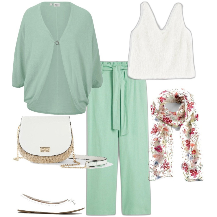 Outfit donna - Primavera. Stile Romantica per Tutti i giorni. Abbinamento con pantaloni, cardigans, foulard, ballerine, borse a tracolla, top.
