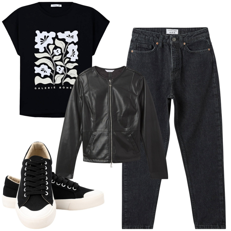 Outfit donna - City. Stile Casual per Tutti i giorni. Abbinamento con blazer, jeans mom, t-shirt, sneakers.