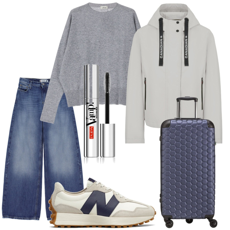 Outfit donna - London. Stile Urban per Tutti i giorni. Abbinamento con mascara, sneakers, jeans, pullovers, blazer, valigie.