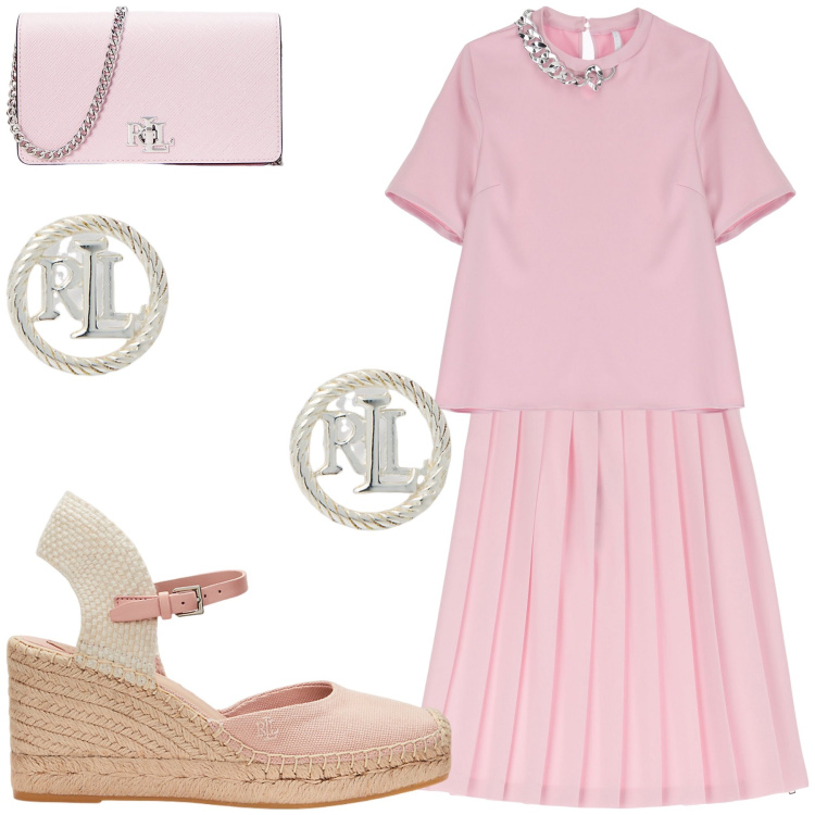 Outfit donna - Colori pastello. Stile Casual chic per Tutti i giorni. Abbinamento con t-shirt, gonne longuette, orecchini, espadrillas, borse a tracolla.