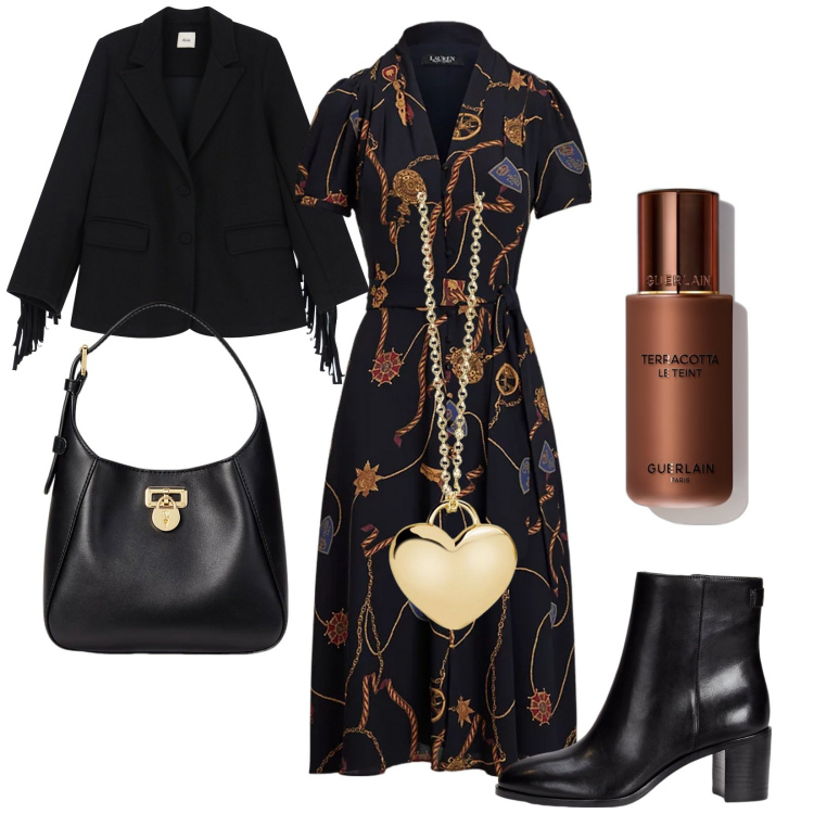 Outfit donna - Assolutamente vintage. Stile Vintage retrò per Serata fuori. Abbinamento con fondotinta, collane, borse a tracolla, stivaletti, vestiti, blazer.