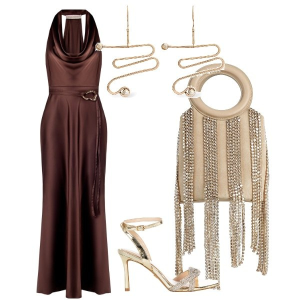 Outfit donna - la borsa con frange e paillettes. Stile Chic per Cerimonia. Abbinamento con borse a secchiello, vestiti lunghi, sandali col tacco, orecchini.