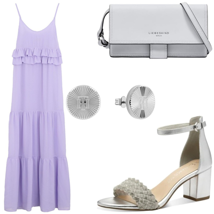 Outfit femme - PasTel. Style Casual chic pour Soirée dehors. Assortir avec sandales, robes longues, porte-monnaie, boucles d'oreilles.