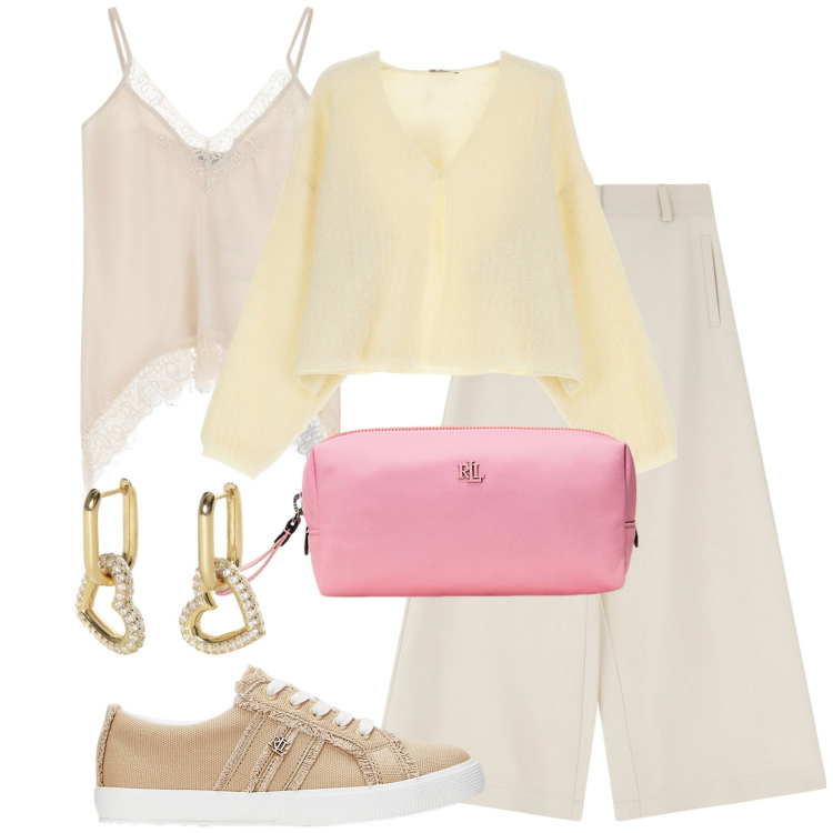 Outfit donna - Toni pastello @marystyle. Stile Bon Ton per Tutti i giorni. Abbinamento con orecchini, pantaloni a palazzo, cardigans, top, sneakers, pochette.
