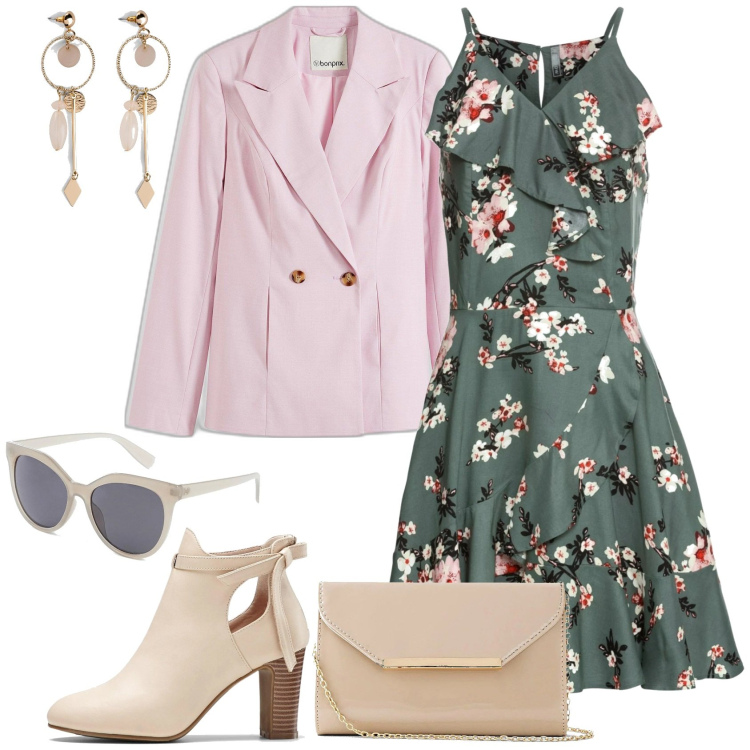 Outfit donna - Spring time. Stile Casual chic per Tutti i giorni. Abbinamento con vestiti, stivaletti, pochette, orecchini, blazer, borse a tracolla.