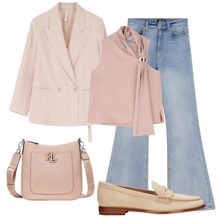 Outfit donna - Toni pastello @marystyle. Stile Urban per Tutti i giorni. Abbinamento con blazer, top, jeans a zampa, borse a tracolla, mocassini.