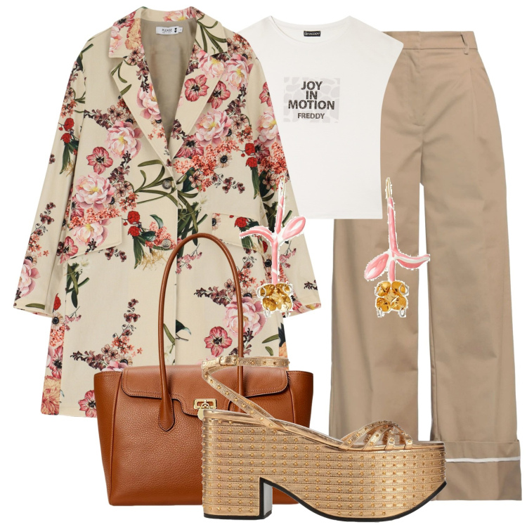 Outfit donna - Fiori vintage @jsabelle. Stile Glamour per Tutti i giorni. Abbinamento con pantaloni, orecchini, sandali in pelle, trench, t-shirt, borse a mano.