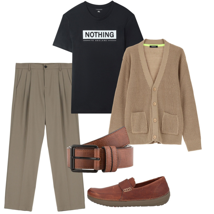 Outfit uomo - Espressione personale attraverso slogan. Stile Trendy per Tutti i giorni. Abbinamento con scarpe stringate, pantaloni, cardigans, t-shirt, cinture.