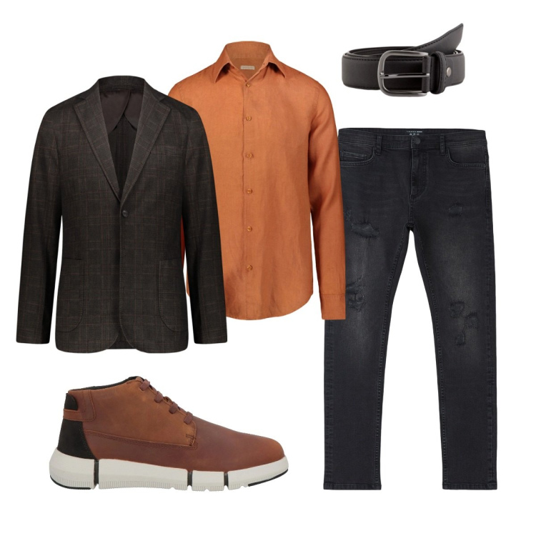 Outfit uomo - Total look #2080611. Stile Trendy per Ufficio. Abbinamento con sneakers alte, jeans strappati, giacche, camicie, cinture.