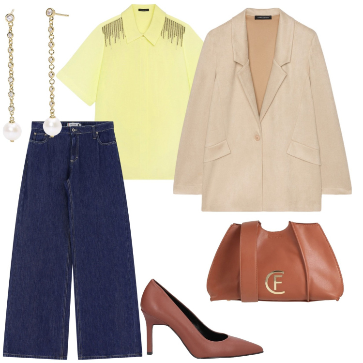 Outfit donna - In ufficio con tacchi e jeans. per Ufficio. Abbinamento con borse a tracolla, décolleté, orecchini, jeans, camicie a manica corta, blazer.