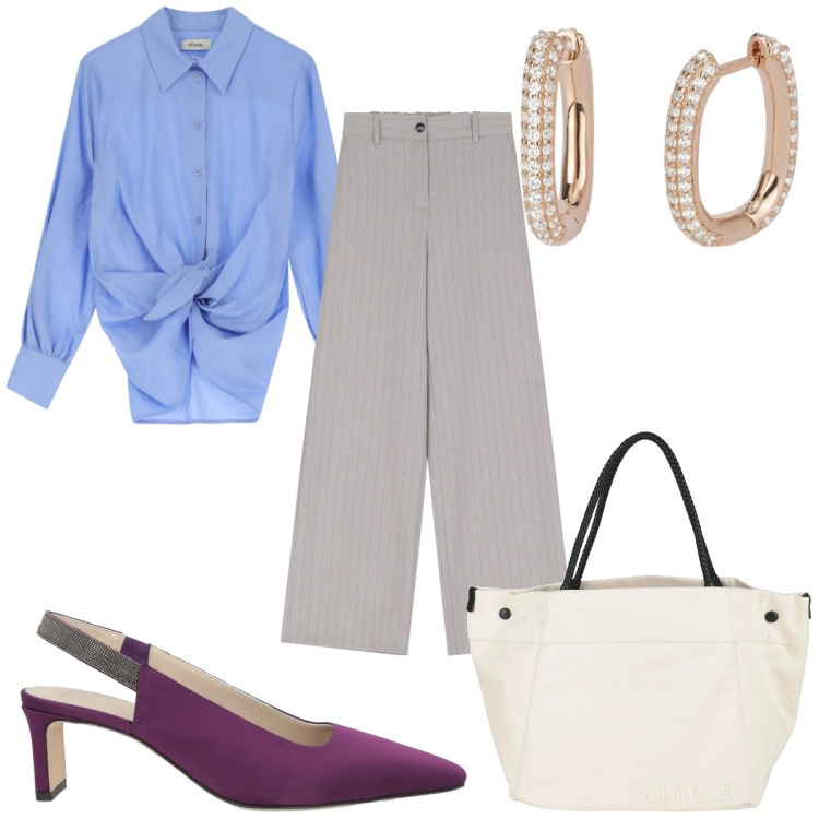 Outfit donna - Total look #2080620. Stile Trendy per Ufficio. Abbinamento con décolleté, borse a mano, orecchini, pantaloni a palazzo, camicie.