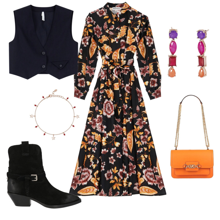 Outfit donna - Verso la primavera. Stile Boho per Tutti i giorni. Abbinamento con borse a spalla, stivaletti texani, orecchini, braccialetti con ciondoli, gilet, vestiti lunghi.