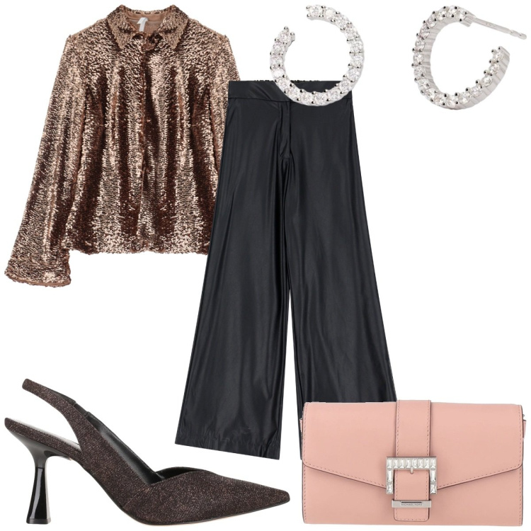 Outfit donna - Total look #2080629. Stile Glamour per Cerimonia. Abbinamento con décolleté, borse a mano, orecchini, camicie, pantaloni a palazzo.