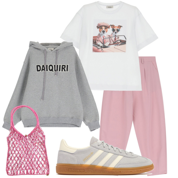 Outfit donna - Casual style. Stile Casual per Scuola/Università. Abbinamento con borse a mano, pantaloni, felpe con cappuccio, t-shirt, sneakers.