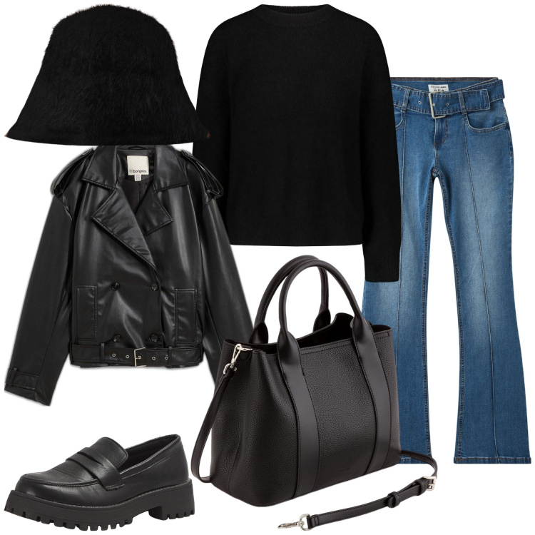 Outfit donna - Marzo pazzerello. Stile Urban per Tutti i giorni. Abbinamento con trench, jeans a zampa, mocassini, maglieria, cappelli, borse a mano.