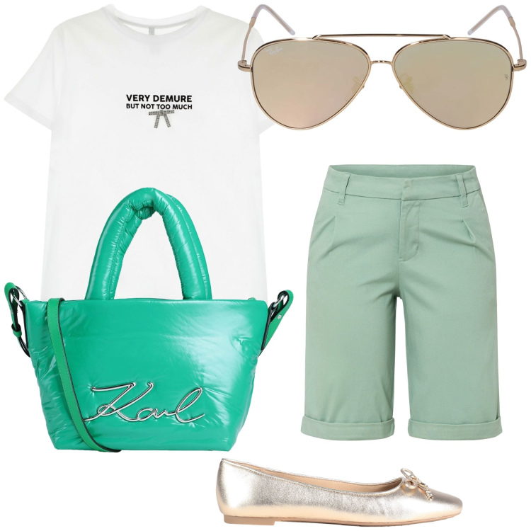 Outfit donna - Oggi al mare. Stile Trendy per Mare. Abbinamento con bermuda, borse a mano, ballerine, t-shirt, occhiali da sole.