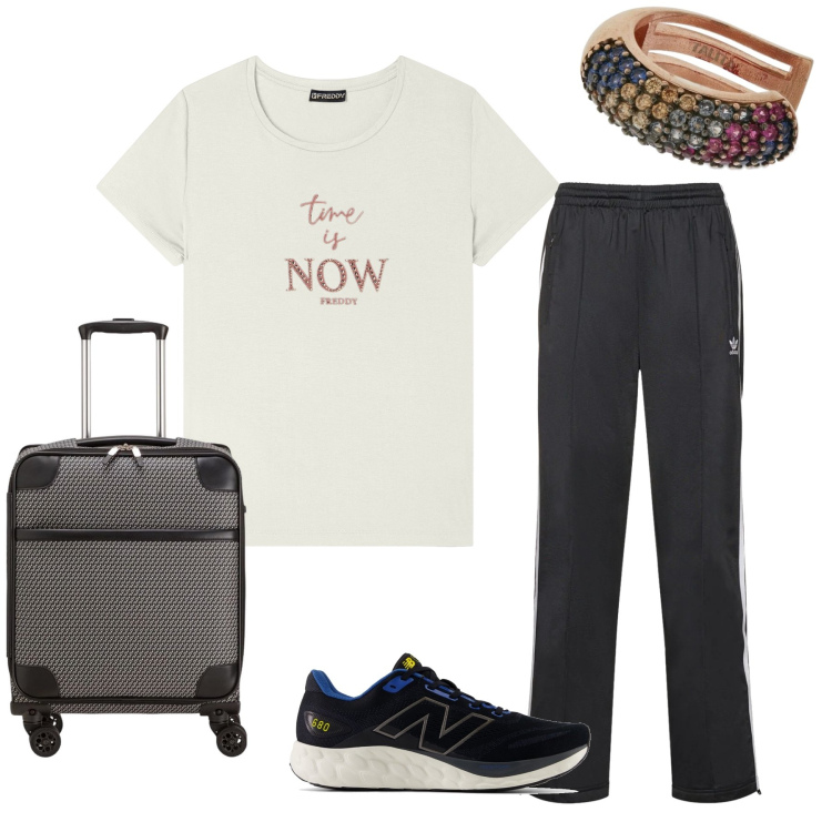 Outfit donna - Gate one. Stile Sporty chic per Tutti i giorni. Abbinamento con sneakers, t-shirt, pantaloni, orecchini, valigie.