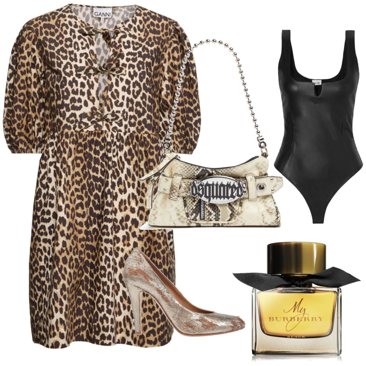 Outfit donna - Evento. Stile Glamour per Serata fuori. Abbinamento con décolleté, body, profumi, pochette, vestiti.