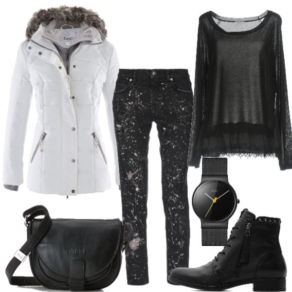 Outfit donna - Casual black. Stile Basic per Tutti i giorni. Abbinamento con piumini, jeans delavé con zip tinta unita, pullover, tronchetti con borchie e lacci nero, orologio analogico con cinturino, top.