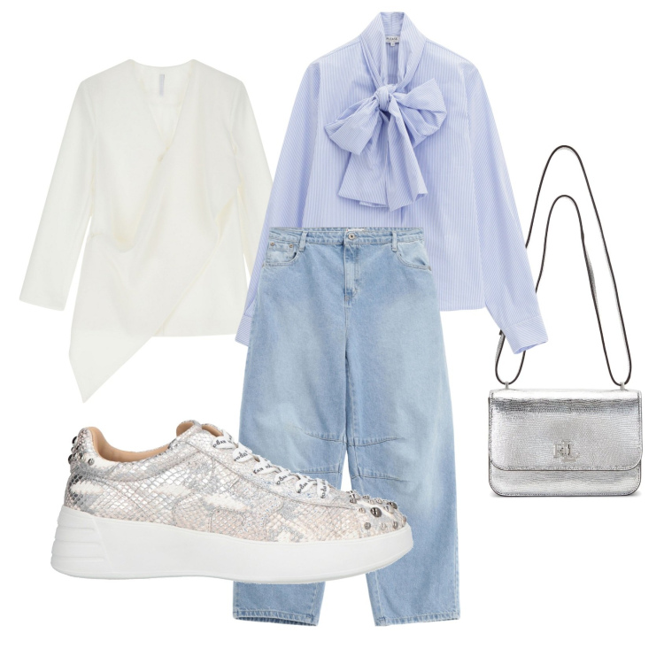 Outfit donna - Celeste. Stile Casual chic per Tutti i giorni. Abbinamento con sneakers, borse a tracolla, camicie, jeans, blazer.