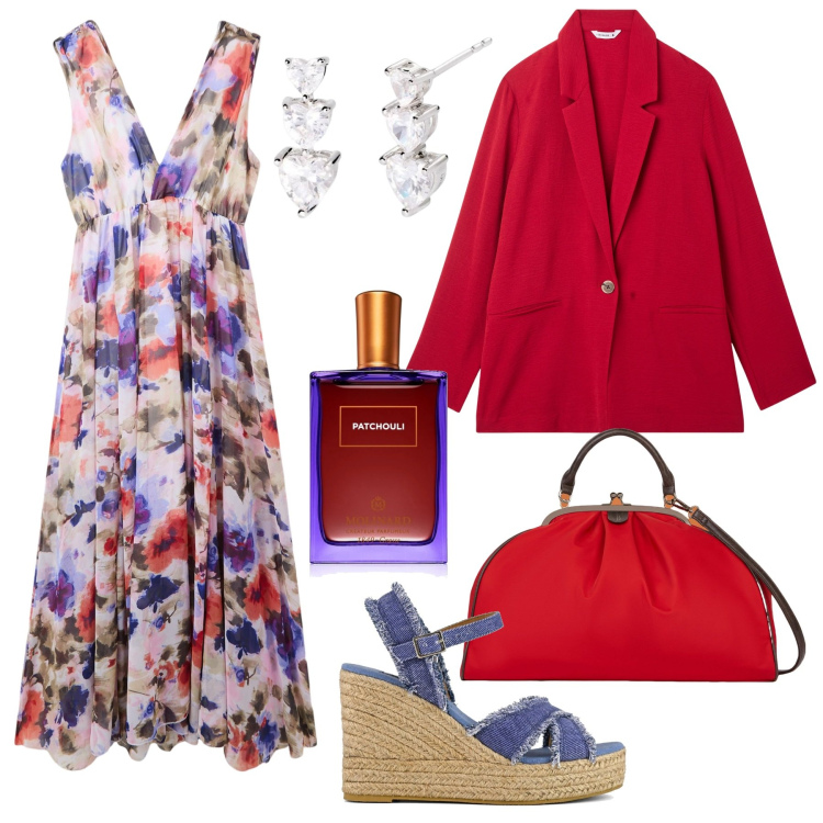 Outfit donna - Con gli accessori rossi. Stile Romantica per Serata fuori. Abbinamento con profumi, vestiti lunghi, blazer, orecchini, zeppe, borse a spalla.