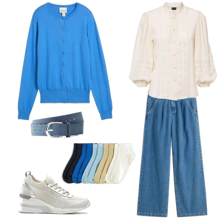 Outfit donna - La camicia romantica. Stile Casual per Tutti i giorni. Abbinamento con cinture, sneakers, camicie, cardigans, jeans, calzini.