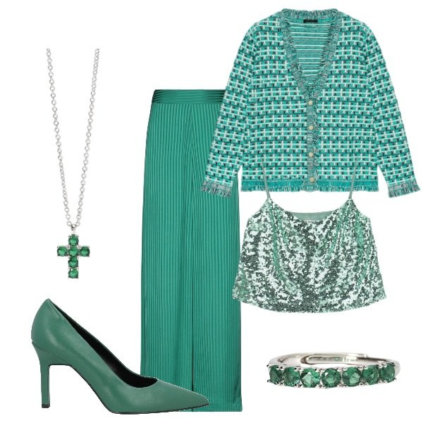 Outfit donna - Matrimonio in vista. Stile Glamour per Cerimonia. Abbinamento con pantaloni, décolleté, anelli, ciondoli, top, cardigans.