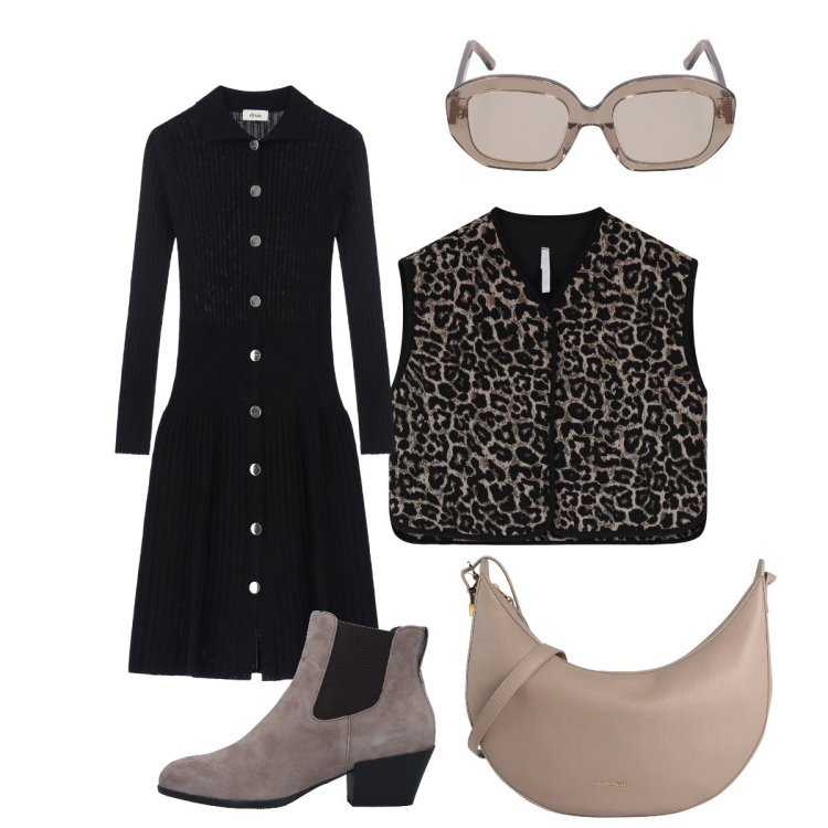 Outfit donna - In città. Stile Minimal per Tutti i giorni. Abbinamento con stivaletti chelsea, borse a tracolla, gilet, vestiti midi/longuette, occhiali da sole.