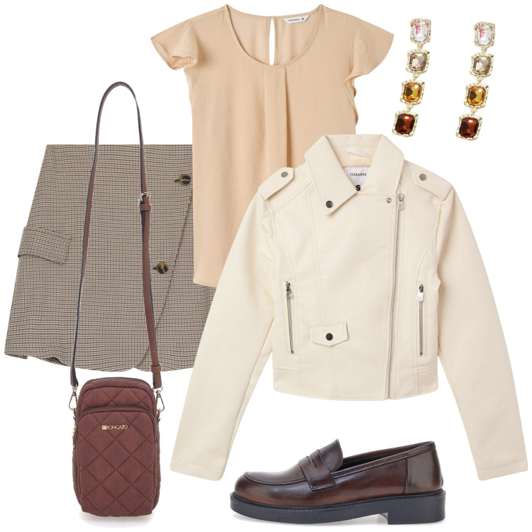 Outfit donna - Total look #2080734. Abbinamento con bluse, giacche, minigonne, orecchini, mocassini, borse a tracolla.