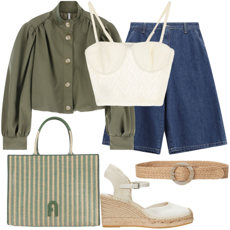 Outfit donna - Boho green. Stile Boho per Tutti i giorni. Abbinamento con borse a mano, blazer, top, bermuda, espadrillas, cinture.