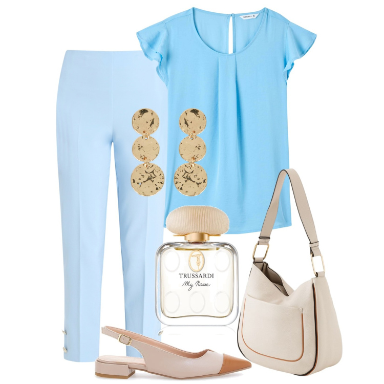 Outfit donna - Total look #2080758. Abbinamento con profumi, bluse, pantaloni, ballerine, borse a tracolla, orecchini.