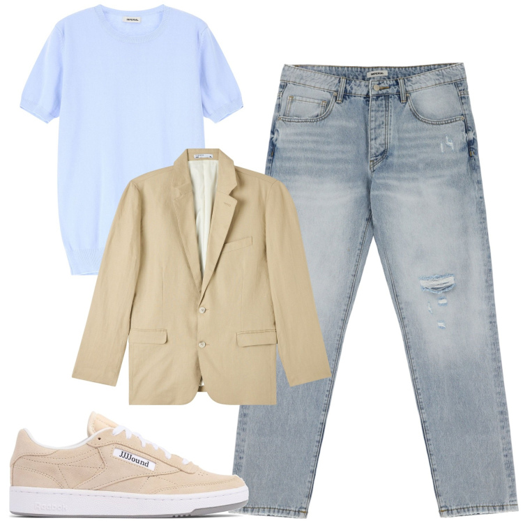 Outfit uomo - Toni pastello. Stile Urban per Tutti i giorni. Abbinamento con giacche, jeans strappati, maglieria, sneakers.