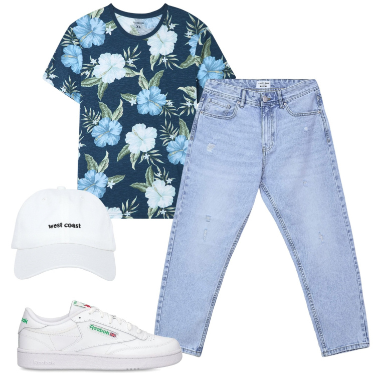 Outfit uomo - La t-shirt floreale. Stile Casual per Tutti i giorni. Abbinamento con t-shirt, cappelli, jeans strappati, sneakers.