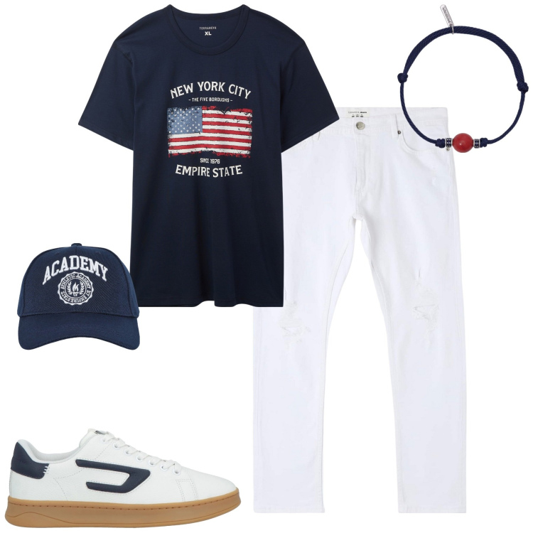Outfit uomo - City. Stile Casual per Tutti i giorni. Abbinamento con sneakers, jeans strappati, cappelli con visiera, t-shirt, braccialetti.