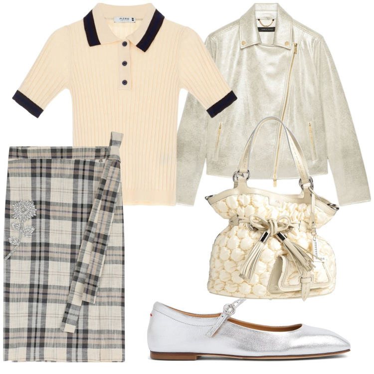 Outfit donna - Gonna a quadri e scarpette. per Scuola/Università. Abbinamento con borse a secchiello, maglieria, gonne longuette, blazer, ballerine.