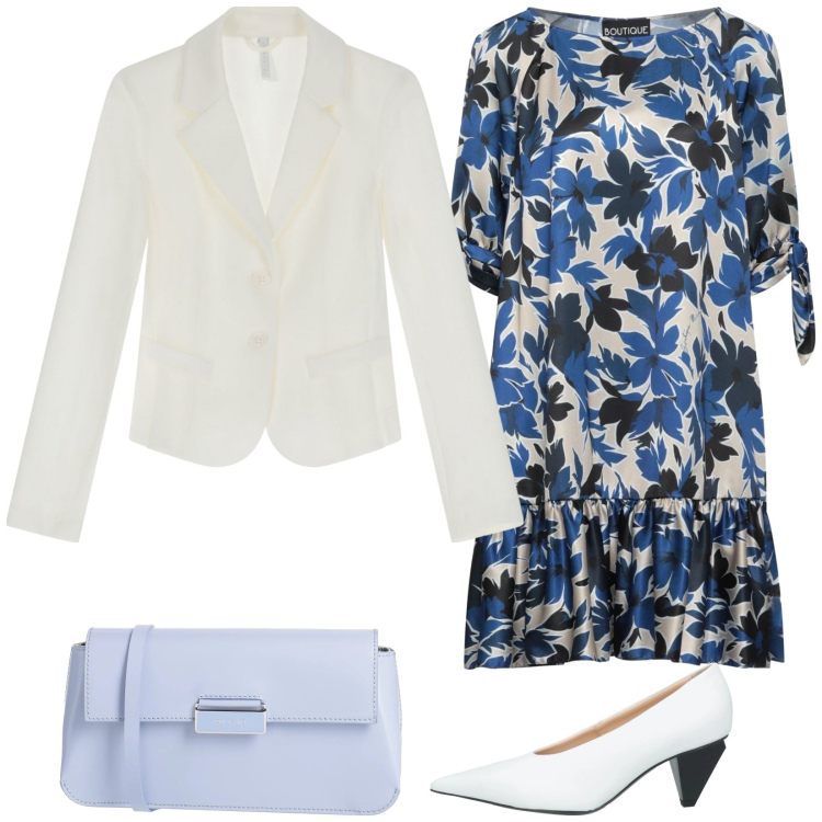 Outfit donna - L\' abito a fiori. Stile Chic per Tutti i giorni. Abbinamento con décolleté, vestiti corti, borse a tracolla, blazer.