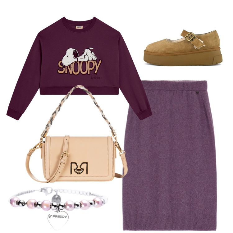 Outfit donna - Borse mini, stile maxi. Stile Bon Ton per Tutti i giorni. Abbinamento con borse a tracolla, felpe, braccialetti, gonne longuette, décolleté.