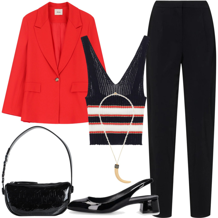 Outfit donna - Look da serata primaverile. Stile Glamour per Serata fuori. Abbinamento con borse a mano, collane, top, blazer, pantaloni, décolleté.