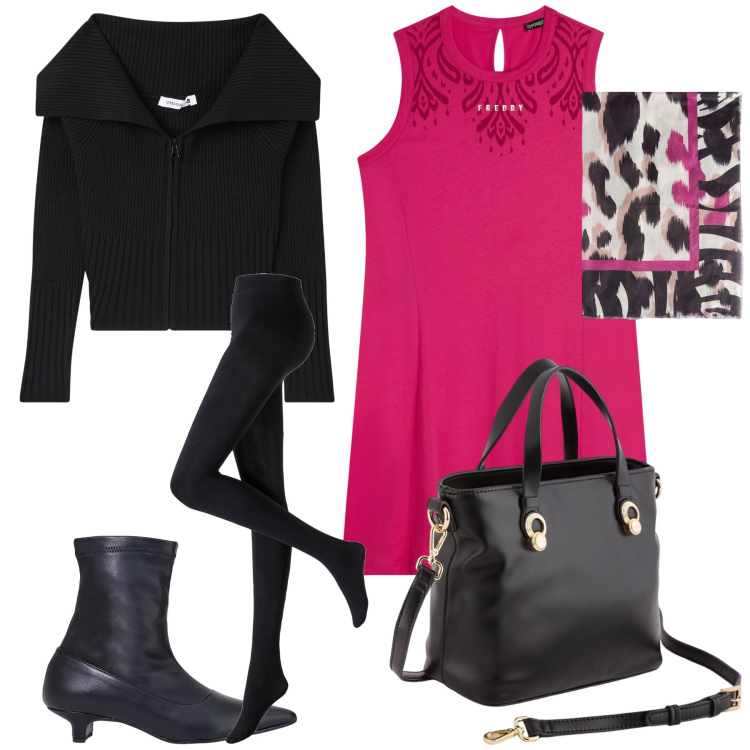 Outfit donna - Total look. Stile Urban per Tutti i giorni. Abbinamento con collant, cardigans, stivaletti, vestiti midi/longuette, foulard, borse a mano.
